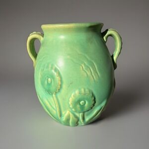Weller Art Pottery Vase Matte Green Floral Twin Handle Arts And Crafts 1920s